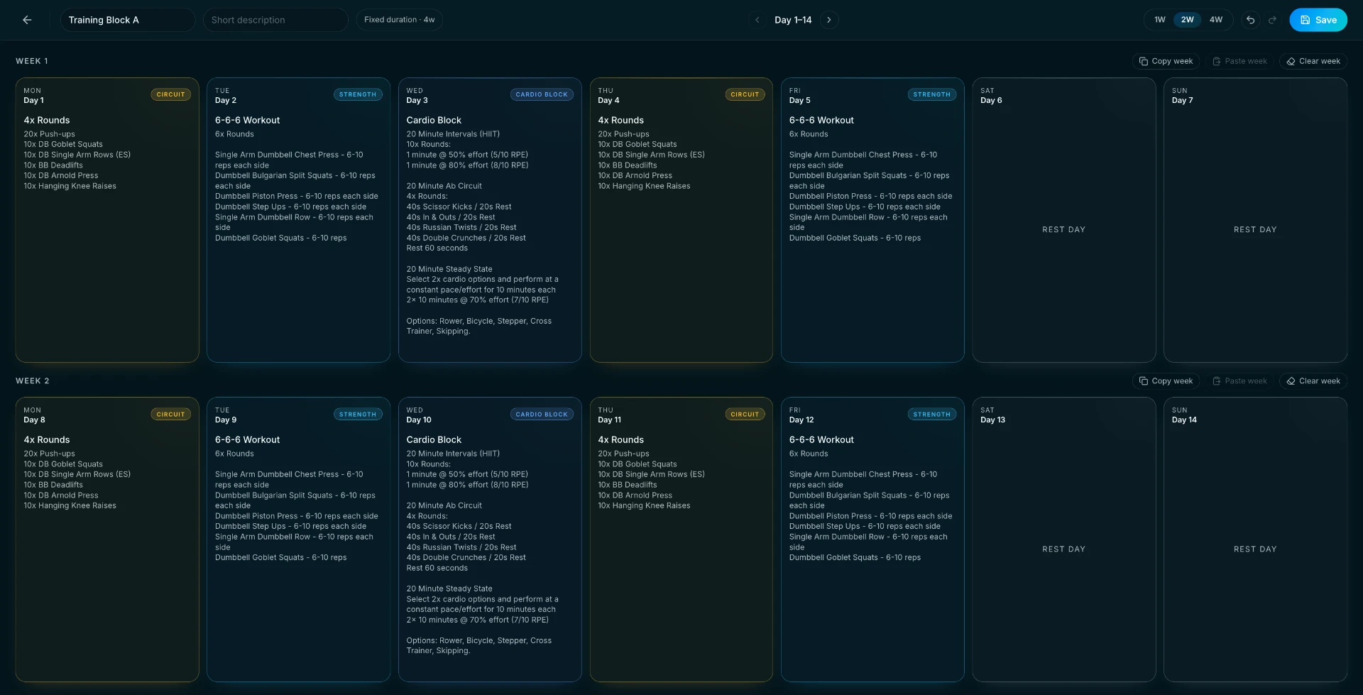 PT Profit System program builder showing a 28-day workout plan