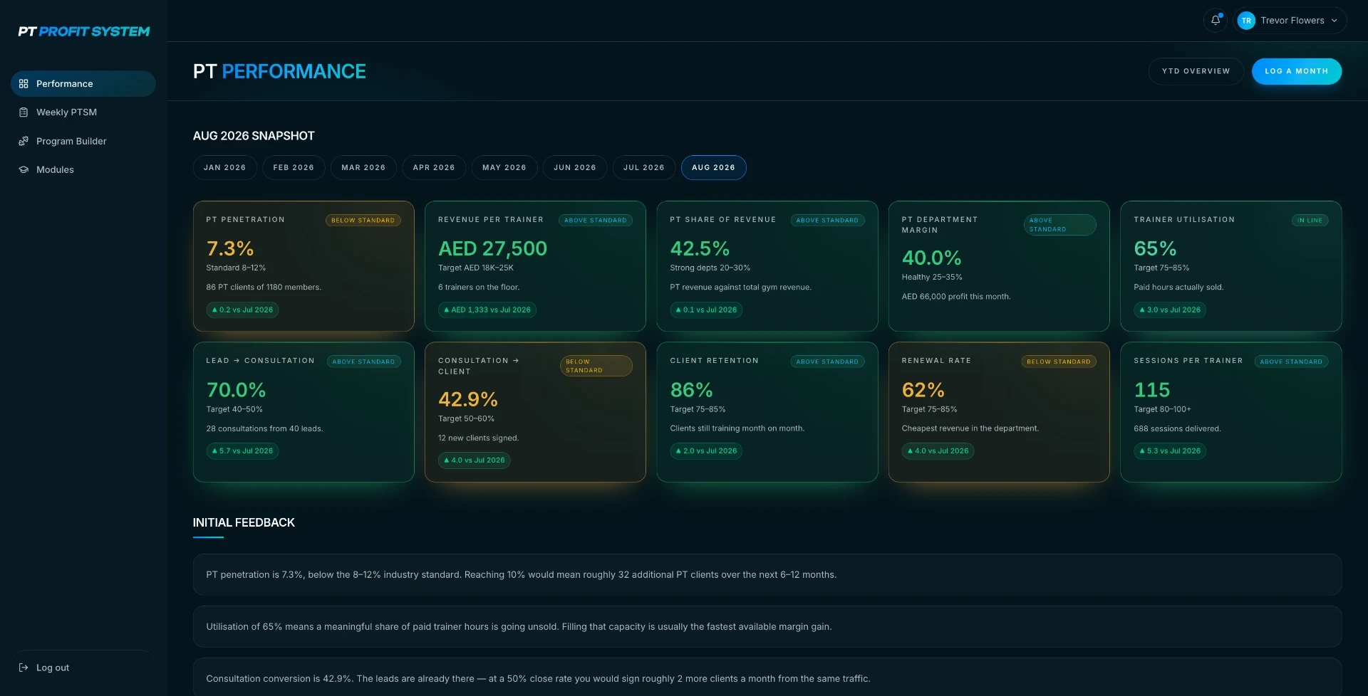 PT Profit System performance dashboard showing KPI cards and written insights
